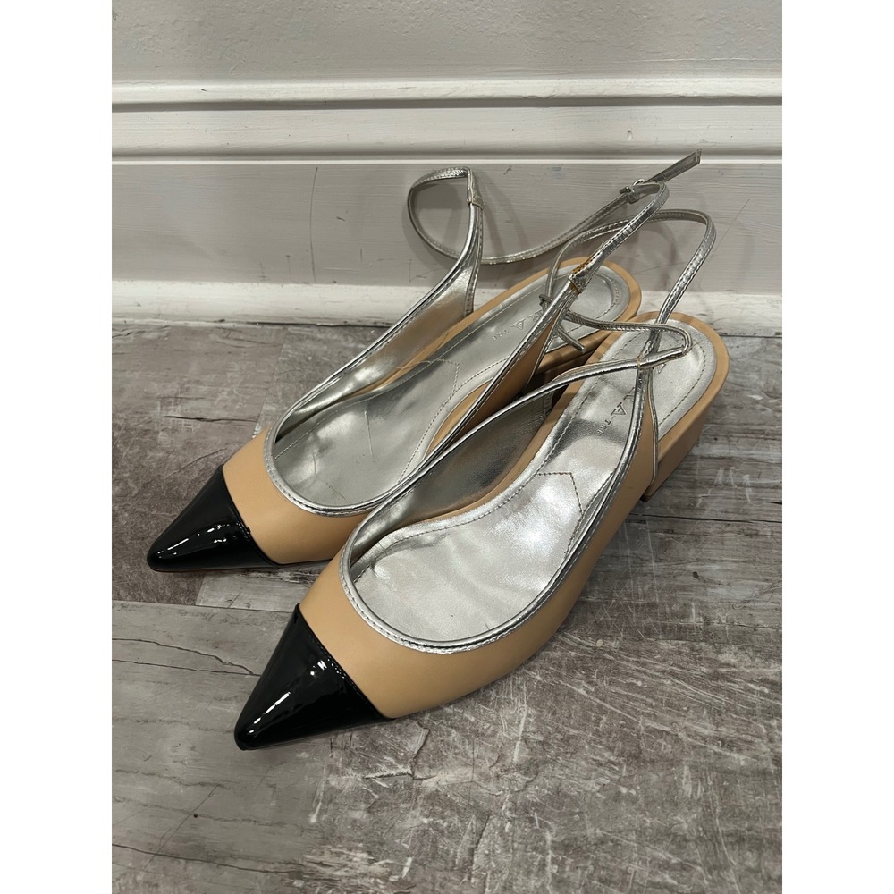 Zara Contrast Cap Toe Block Heels Womens Tan Black Silver Slingback Heels 41 US
